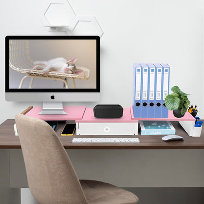 Dual Monitor Stand Riser With Drawer & Metal Leg, Large Desk Shelf For 2 Monitors w/ Adjustable Length & Angle, Desktop Organizer For Laptop/TV/Printer