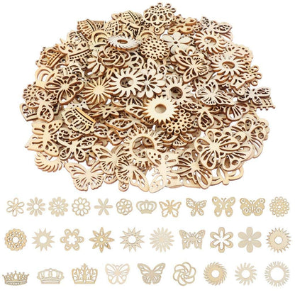 300Pcs Wooden Embellishments,Flower Butterfly Shape Wooden Cutouts Wooden Scrapbooking DIY Handmade Crafts Children Graffiti Home Decor Wooden Crown Pieces Discs Wood Slice Ornament Manual Accessories