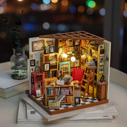 Rolife DIY Miniature Dollhouse Kit Bookstore Room Making Kit Mini Library Diorama Kit Wooden Model Building Set Hobby Christmas Birthday Gifts for Adults Women Family (Sam's Study)