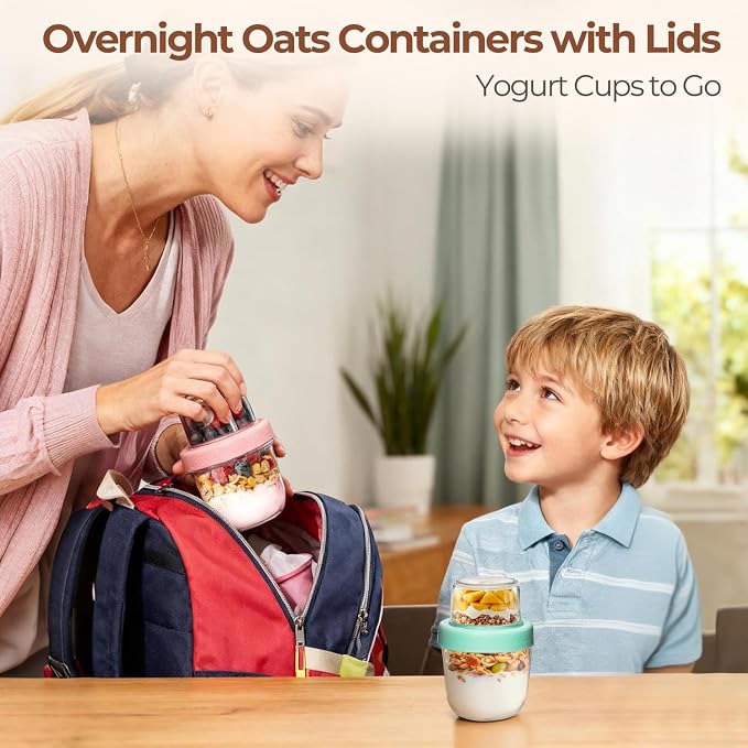 ComSaf Overnight Oats Containers with Lids (8oz+4oz, 2Pcs), Glass Yogurt Parfait Cups for Cereal Nut Fruit, Dual-Layer Chia Pudding Jars Reusable, Small Mason Jars for Salad, Meal Prep, Snack, Oatmeal