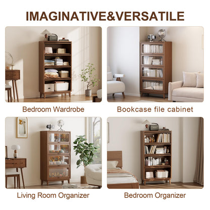 AnywaysWood Solid Wood Bookcase 4-tire with Tempered Glass Flip-Up Doors,60Hx13.7Dx32W Bookshelves Finish Cube Storage Organizer,Bookshelf Versatile Pantry Cabinet for Living Room Home Office