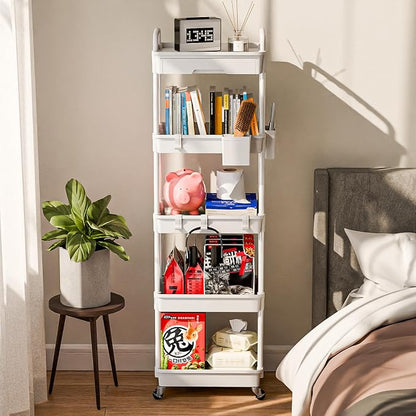 Sorgion 5 Tier Rolling Cart Organizer,Bathroom Cart Organizers with Wheels Laundry Room Organization Mobile Shelving Unit Utility Cart Storage Shelves Multi-Functional for Office, Home(White)