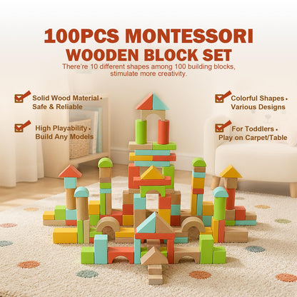 SproutSpace 100pcs Building Blocks for Toddlers 1-3, Wooden Blocks for Kids with Storage Bucket and Shape Sorter, Stacking Toys or 1 2 3 Year Old, Learning Toys for Preschool Girls and Boys