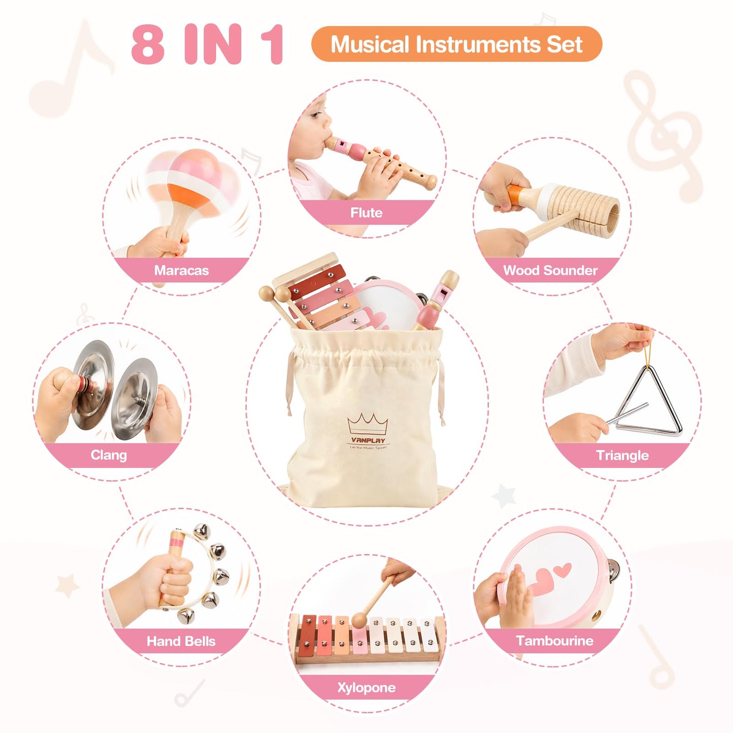 Vanplay Musical Toys for 2 Year Old Girls Birthday Gifts, Montessori Toys for 2 3 Year Old, 8 in 1 Wooden Musical Instruments with Xylophone/ Tambourine/Maracas for Toddler 2-4