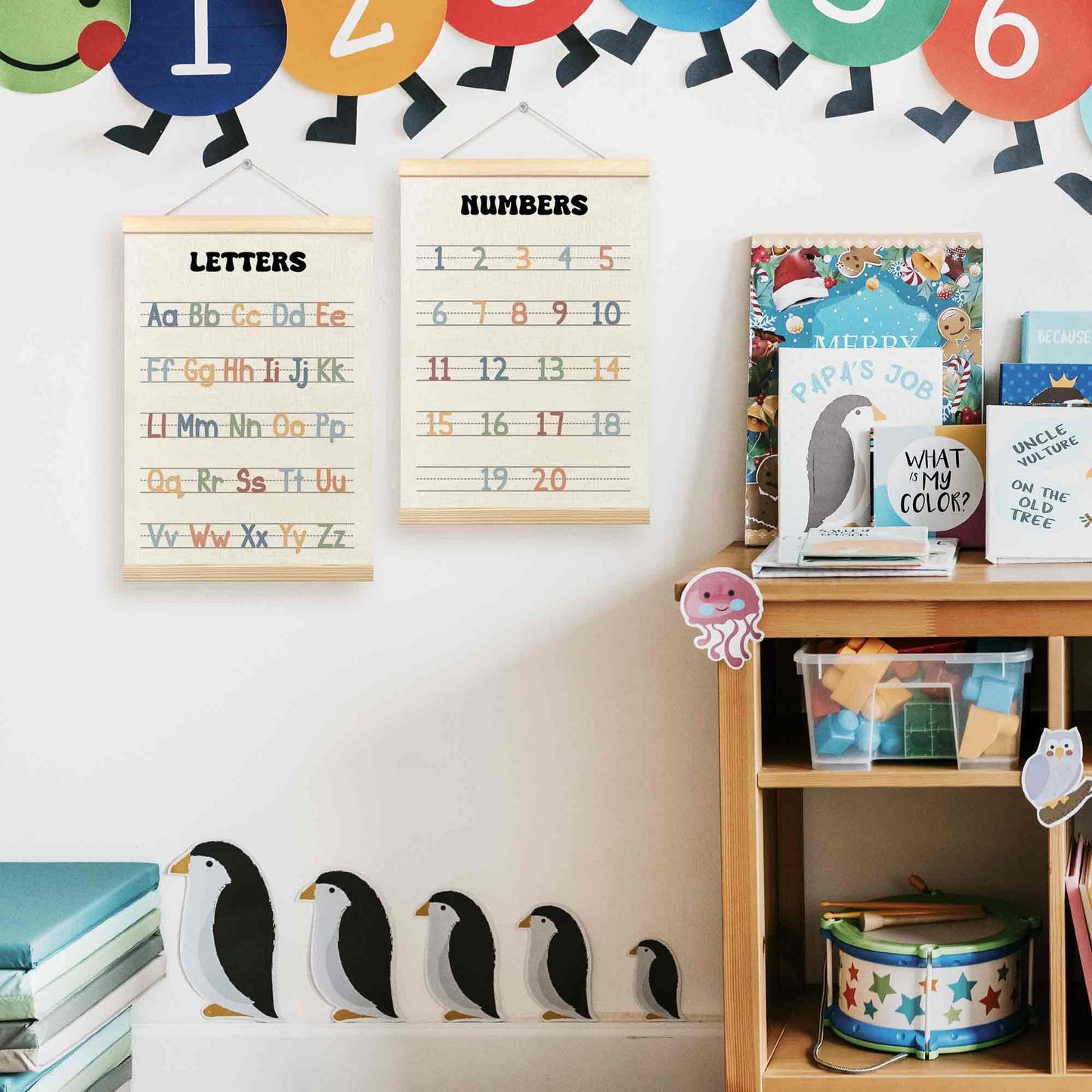TLESKE Alphabet ABC Numbers Chart Poster Hanger Frame for Toddler Kid Classroom Set of 2, Homeschool Hanging Wall Art Decor for Nursery Playroom, Preschool Prek Learning Educational Poster, 12x16