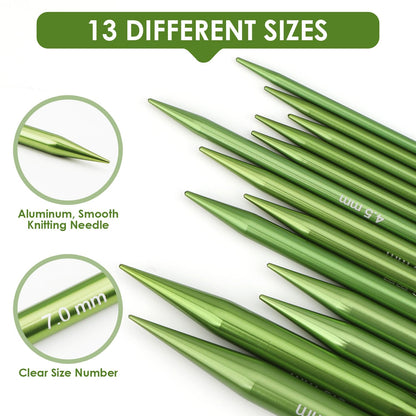 Interchangeable Circular Knitting Needles Set Premium Aluminum Knitting Kit 13 Pairs of 4 Inch with 4 Cables, Accessories and Storage Bag Green