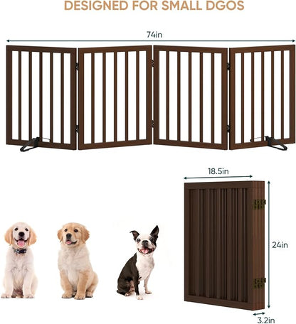 Freestanding Bamboo Wood Dog Gate Indoor, 4-Panel Pet Gates with 2 Stands and 360° Hinge for Doorways and Stairs, Puppy Gate for The House, Fully Assembled Safety Fence 74" W x 24" H - Black Walnut