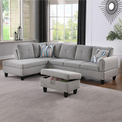 UOCFYK Grey-2 L-Shaped 3-Piece Linen Sofa with Storage Ottoman Set, Sectional Couch Sofa Set for Living Room, Office, Small Space