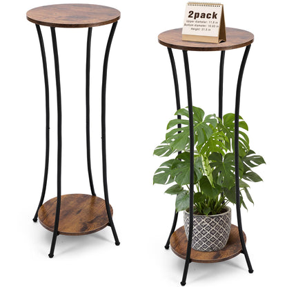 Tandefio 2 Pack 31'' Plant Stand Indoor, 2 Tier Round Potted Holder Rack, Wood Corner Flower Pot Stand Shelf for Living Room Balcony Patio Garden, Brown