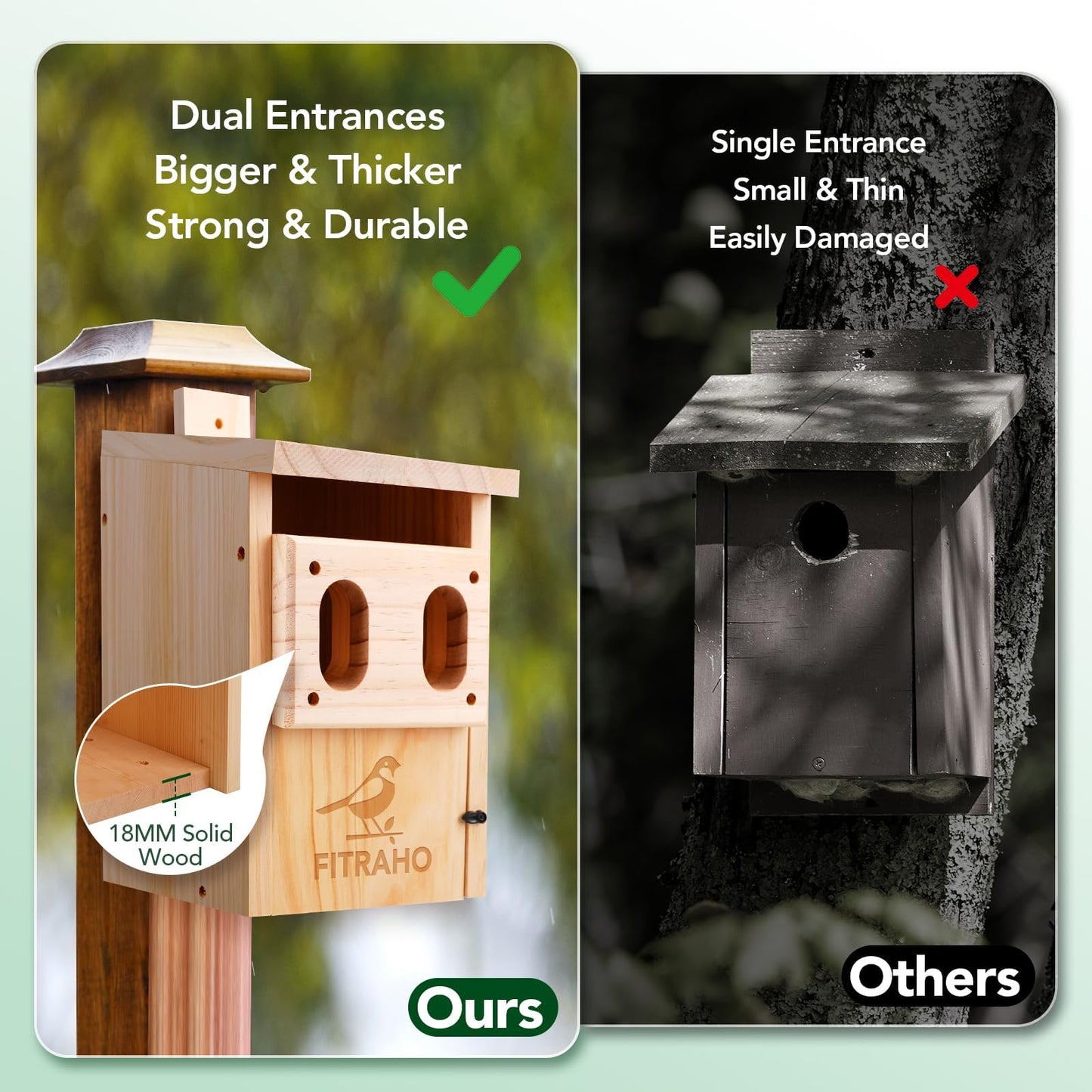 Bird Houses for Outside, Durable Birdhouse with Dual Entrances, Weatherproof & Perfect for Bluebirds, Wrens, Finches & Swallows(Assembly Required)