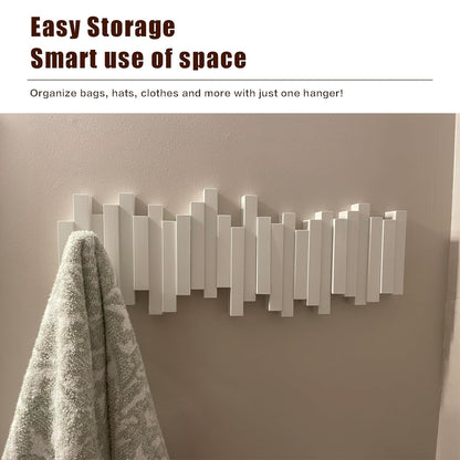 CAQ Wood Piano Key Coat Rack Wall Mount, Modern Coat Rack with 3 Magnetic Flip Hooks, 110 lbs Load Bearing, Space Saving Home Storage Decor, White