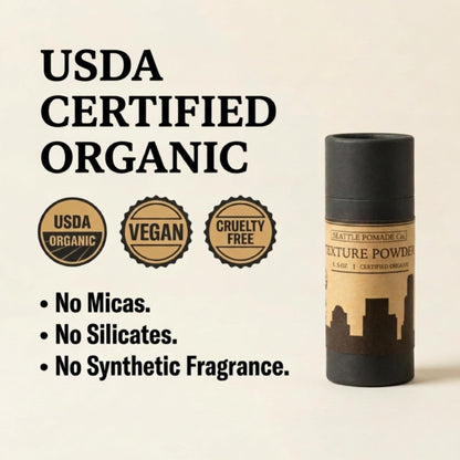 Seattle Pomade Co. Organic Based Texture Powder for Men. Creates Volume and Lift with organic materials. Fragrance Free. Globally sourced certified organic materials. Natural Hair Powder 2 oz NON-GMO