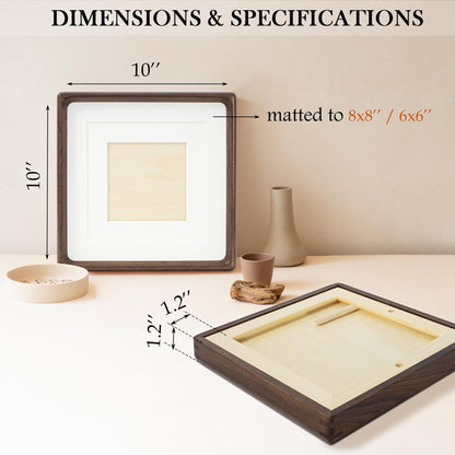 LAUBO2 Real Black Walnut 10x10 Wooden Picture Frame with Sturdy Reinforced Wood Back - Matted to 8x8/6x6, Wall & Tabletop Display Gift