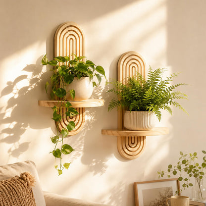 Joyzan Boho Wall Decor Floating Shelves for Wall, Rainbow Arch Wooden Plant Shelf Set Decorative Hanging Modern Small Home Display Living Room Bedroom Bathroom Nursery Plants Candles Holder Planter