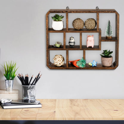 Frcctre Rustic Shadow Box Display Shelf, 9 Compartments Wood Hanging Display Floating Shelves, Multi-Slot Wall Mounted or Freestanding Farmhouse Decor Displays Case