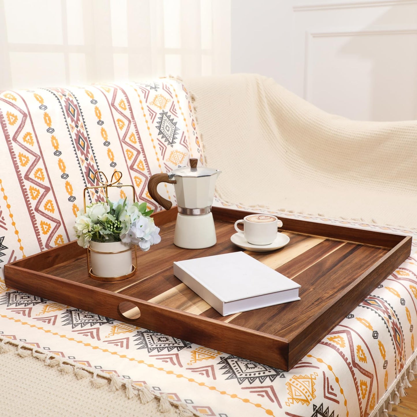 RattanView 24 Inch Extra Large Square Ottoman Table Tray with Handles Large Acacia Wood Serving Decorative Ottoman Wood Tray for Kitchen Coffee Sofa Table Organizer Storage Topper