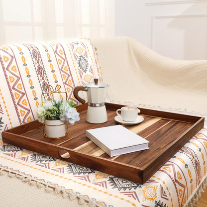 RattanView 24 Inch Extra Large Square Ottoman Table Tray with Handles Large Acacia Wood Serving Decorative Ottoman Wood Tray for Kitchen Coffee Sofa Table Organizer Storage Topper