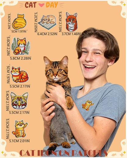 16pcs Cute Cat Patches Kitten Embroidered Iron on Patches for Clothes, Orange Animal Fabric Repair Patches for Jean Hat Jacket Backpack Shoe Backpack Decorative Applique