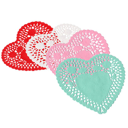 Heart Doilies 10 Inches - Pack of 100, 25 Each in Red, Pink, White, and Blue - Perfect for Valentine's Day Decorations.