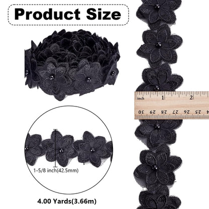 HOBBIESAY 4 Yards Pearl Trim Organza Lace Ribbon 1.67 Inch Wide Black Organza Flower Trim 3D Embroidered Applique Fabric for Sewing Craft Wedding Bridal Dress Clothes Embellishment