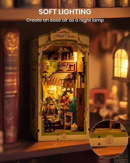 Rolife DIY Book Nook Kits for Adults, Miniature Dollhouse Booknook Kit for Home Room Decor, 3D Wooden Puzzle with LED, Flower Corner Creative Bookends Bookshelf Diorama Insert