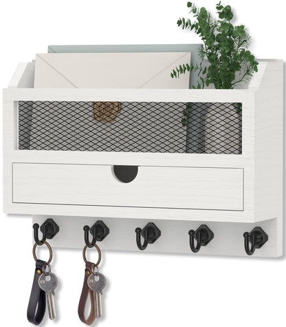 Nekon Key and Mail Holder for Wall, Key Organizer with 5 Hooks & Storage Drawer, 11" W x 7.9" H x 3.1" D Wooden Key Rack for Entryway and Home Decor (White)