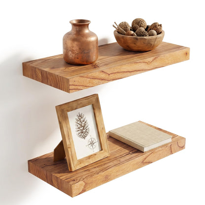 RICHFOCUS 20inch Natural Floating Shelves for Wall, 8" Deep High End Solid Real Wood Wall Shelves for Bathroom, Rustic Wooden Floating Shelves with Invisible Brackets for Books Storage Decor, Set of 2