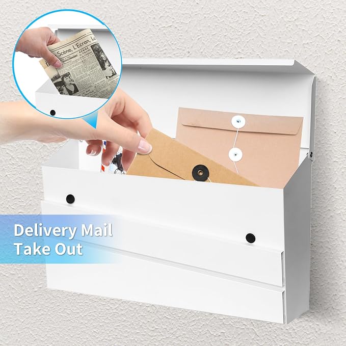 Wall-Mounted Mailbox, White Modern Large Capacity Drop Mailboxes for Outside, Rust-Proof Galvanized Steel Post Box (No Keys Locking)