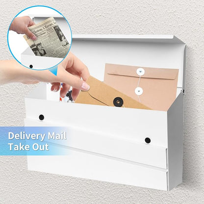 Wall-Mounted Mailbox, White Modern Large Capacity Drop Mailboxes for Outside, Rust-Proof Galvanized Steel Post Box (No Keys Locking)