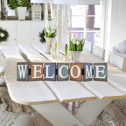 Rustic Wood Welcome Sign Cutout, Teal Wooden Tabletop Folding Decorative Word Sign, Freestanding Hinged Block Letters Home Decor