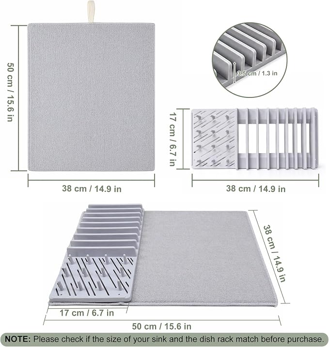 2-in-1 in Sink Dish Drying Rack with Dish Drying Mat,Space-Saving Dish Rack for Kitchen Counter,Foldable Dish Drying Mat with Rack,Quick Dry Dish Drainers for Kitchen Sink (Grey White)