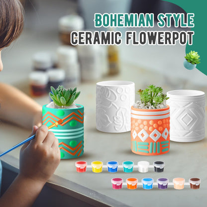 SiliFine Set of 11 Paint Your Own Kit DIY Flower Pot Painting Includes 8 Pcs Unpainted Ceramic Succulent Planters 2 Pcs Color Paints 1 Set Paint Brushes for Classroom Craft Activity (Bohemian)