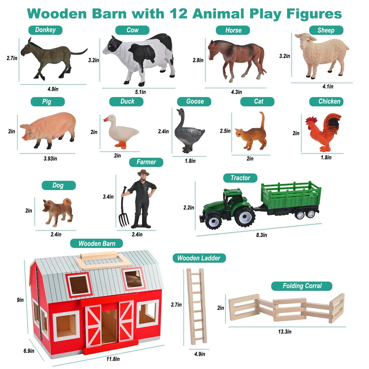 WoodTrove Wooden Barn Toys, Play Barn with 12 Animal Play Figures for 3+ Years Old, Toy Barn and Farm Animals，Wooden Barn Playset for Christmas Birthday Gift for Boys Girls