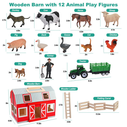 WoodTrove Wooden Barn Toys, Play Barn with 12 Animal Play Figures for 3+ Years Old, Toy Barn and Farm Animals，Wooden Barn Playset for Christmas Birthday Gift for Boys Girls