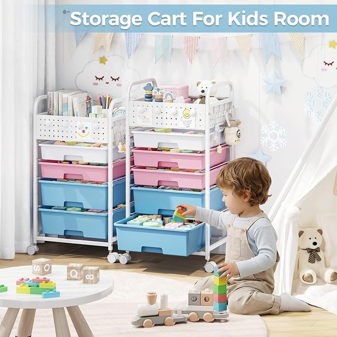 5 Drawer Rolling Storage Cart with Pegboard Top and Hooks, Mobile Organizer Cart with Wheels for Office Supplies, Craft Storage, Classroom Organization, Home Utility Cart, Pink&Blue