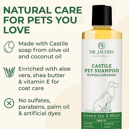 Dr. Jacobs Naturals Castile Pet Shampoo - Gentle Cat & Dog Wash w/Pure Castile Soap - Plant-Based Dog Shampoo w/Olive Oil, Coconut Oil, Shea Butter, Aloe Vera, Vitamin E - Green Tea & Mint