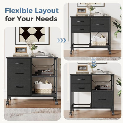 OLIXIS 3-Tier Printer Stand with Fabric Storage Drawer, Rolling Printer Cart with Lockable Wheels and Metal Frame, Under Desk Table with Open Storage Shelf for Small Spaces, Home, Office, Black