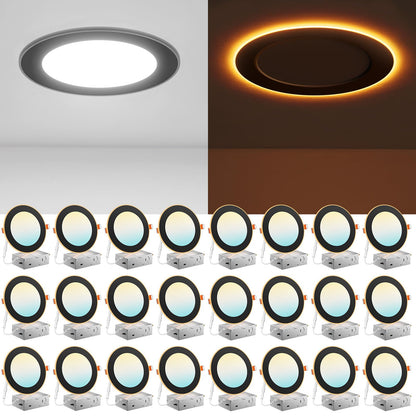Amico 24 Pack 6 Inch 5CCT LED Recessed Ceiling Light with Night Light, 2700K/3000K/3500K/4000K/5000K Selectable Ultra-Thin Recessed Lighting, 12W=110W, 1100LM, Dimmable Canless Wafer Downlight ETL&FCC