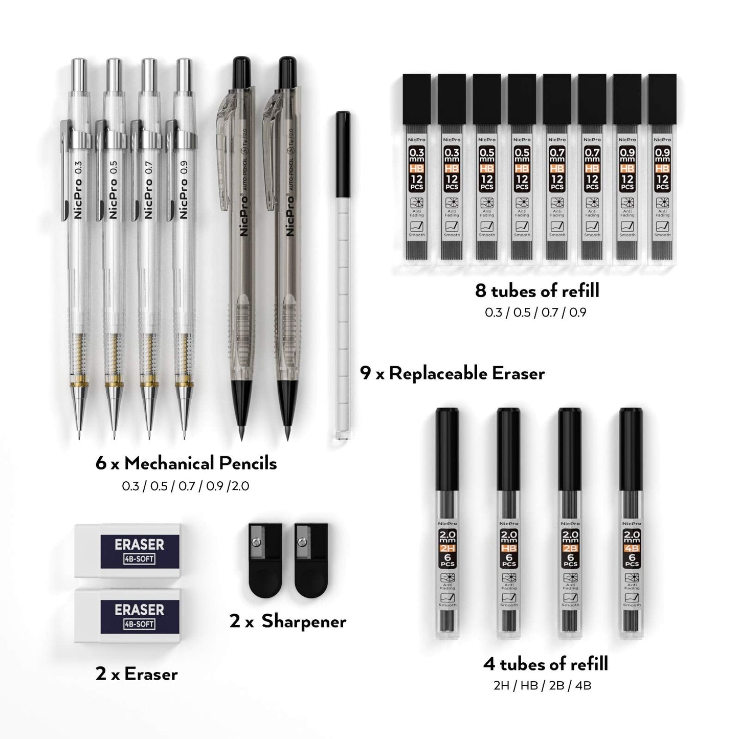 Nicpro 6PCS Art Mechanical Pencil Set, 4PCS Drafting Pencils 0.3 & 0.5 & 0.7 & 0.9 mm & 2PCS 2mm Lead Holder (4B 2B HB 2H) For Writing, Sketching Drawing With 12 Tube Lead Refills Erasers Case