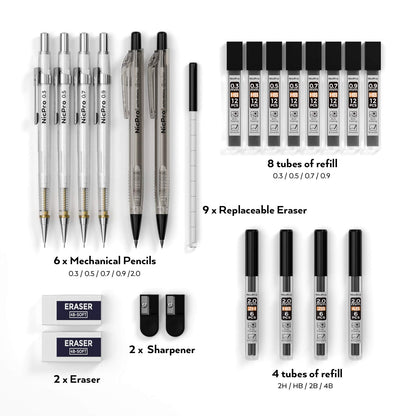 Nicpro 6PCS Art Mechanical Pencil Set, 4PCS Drafting Pencils 0.3 & 0.5 & 0.7 & 0.9 mm & 2PCS 2mm Lead Holder (4B 2B HB 2H) For Writing, Sketching Drawing With 12 Tube Lead Refills Erasers Case