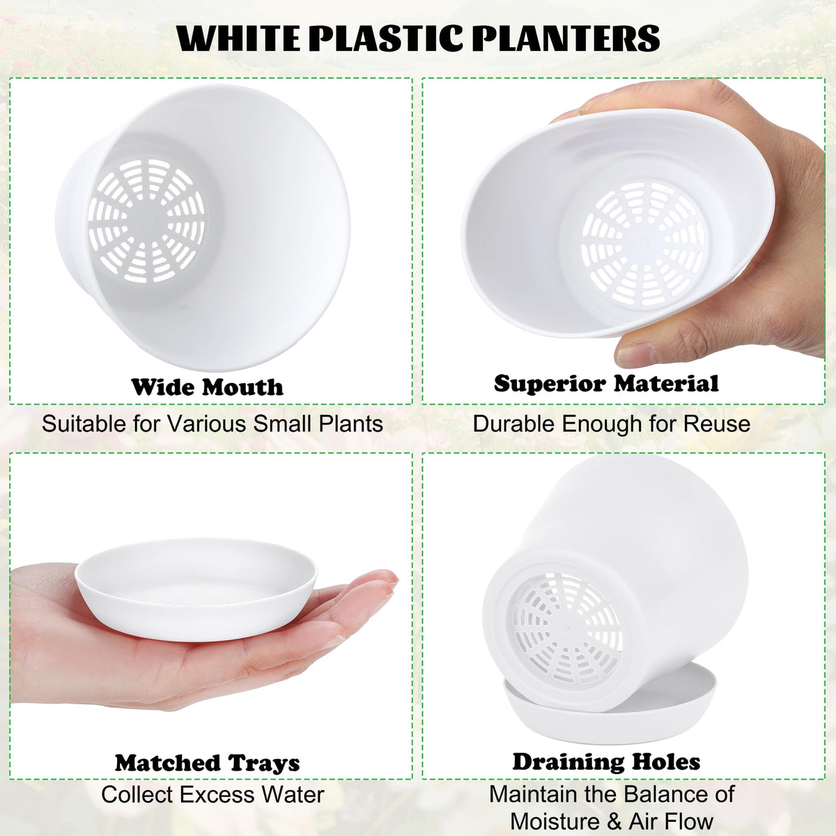 Hahood 60 Pieces White Plastic Planters 4 Inch Flower Pot with Trays Labels Plant Pots Plants Nursery Pot Flower Seedling Nursery Pots for Indoor Outdoor Plant, Herb, Succulent