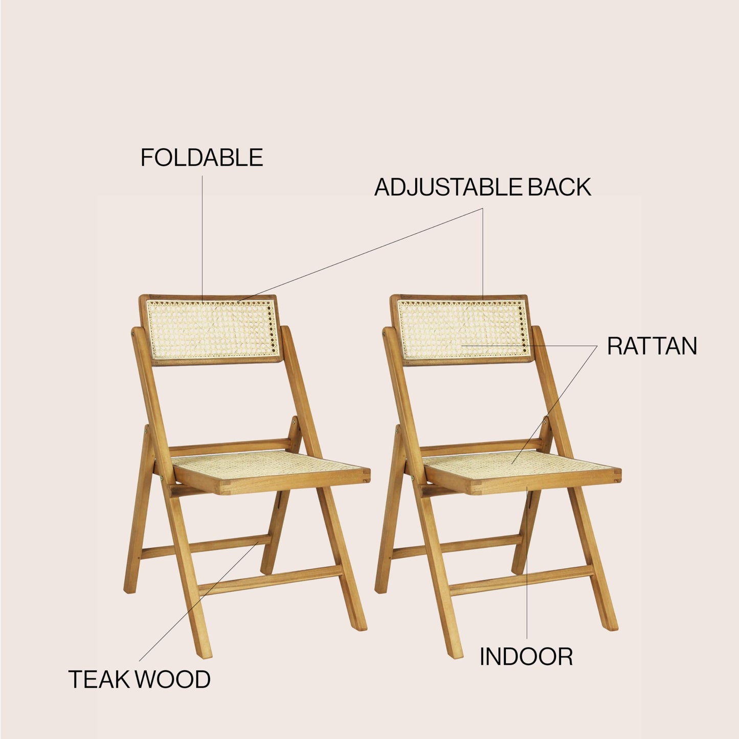 JONATHAN Y Theo Teak Wood and Rattan Folding Chairs Set of 2 for Dining and Living Room, Mid-Century Woven Cane Armless Portable Indoor Accent Seats, Natural Light Brown FLD1000A-SET2