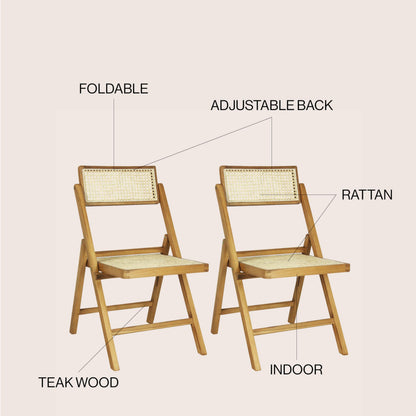 JONATHAN Y Theo Teak Wood and Rattan Folding Chairs Set of 2 for Dining and Living Room, Mid-Century Woven Cane Armless Portable Indoor Accent Seats, Natural Light Brown FLD1000A-SET2