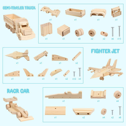 VOMOCNET 3 Pack DIY Wooden Model Building Kit, Includes Fighter Jet, Truck, Race Car, Paint Your Own Arts and Crafts, STEM Toys Birthday Gifts for Boys Girls