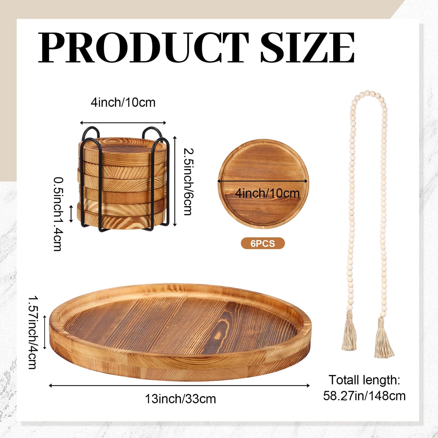 Acellegic Boho Table Centerpieces Set 1 Wood Decorative Tray, 6 Wooden Coasters for Drinks and 1 Farmhouse Beads for Home, Bedroom, Coffee Table, Sofa Area, Farmhouse, Office, Bar