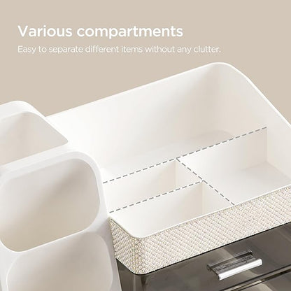 HBlife Makeup Organizer with Brush Holder for Vanity, Large Plastic Bathroom Countertop Organizer Skin Care Storage, Easy to Store Lipsticks, Nail Polishes, Perfumes, Eyeshadow Palettes, Pearl White