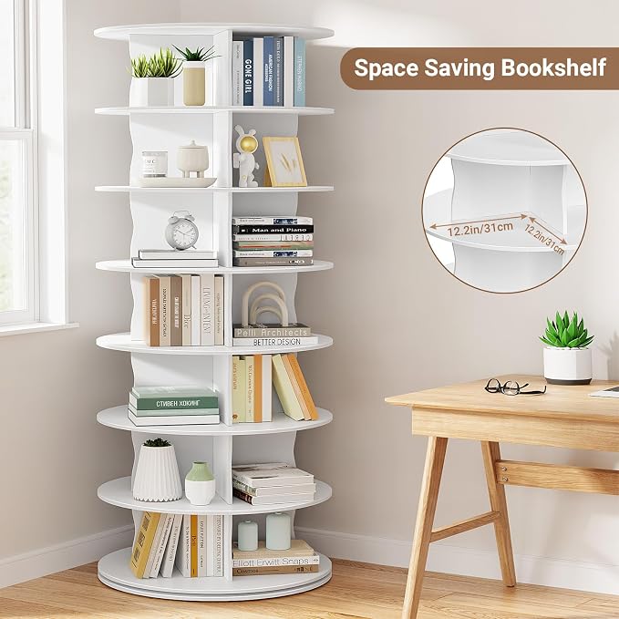 7-Tier Rotating Standing Shelf Unit with Dividers, 360° Storage Display Tower Vertical Floor Organizer, for Bedroom, Closet, Entryway & Office, Ideal for Shoes, Cosmetics & Handbags, White