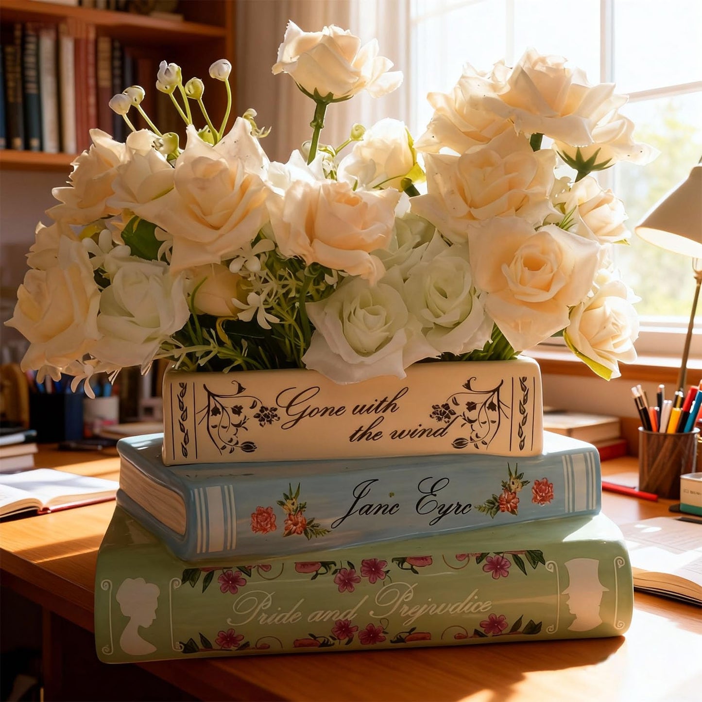 Book Planter Decor - Cute Bookshelf Plant Pots, Small Book Shaped Ceramic Planters, Book Flowers Vase with Drainage Hole, Classic Titles Bookstack for Book Lovers Gifts for Home Bedrooms, Living Rooms