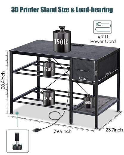 3D Printer Table with Filaments Storage - 3D Printer Stand Filament Storage Rack Heavy Duty 3D Print Desk with Drawer for Workshop Studio Office (Black)