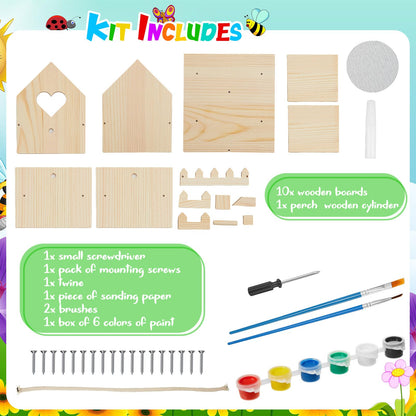 Juexica 4 Pack Wooden Birdhouse Kit DIY Buildable Bird House with Paint and Paintbrushes Art and Crafts Painting Kits for Boys Girls Adults Classroom Projects Gift Birthday Outdoor Craft(Heart)